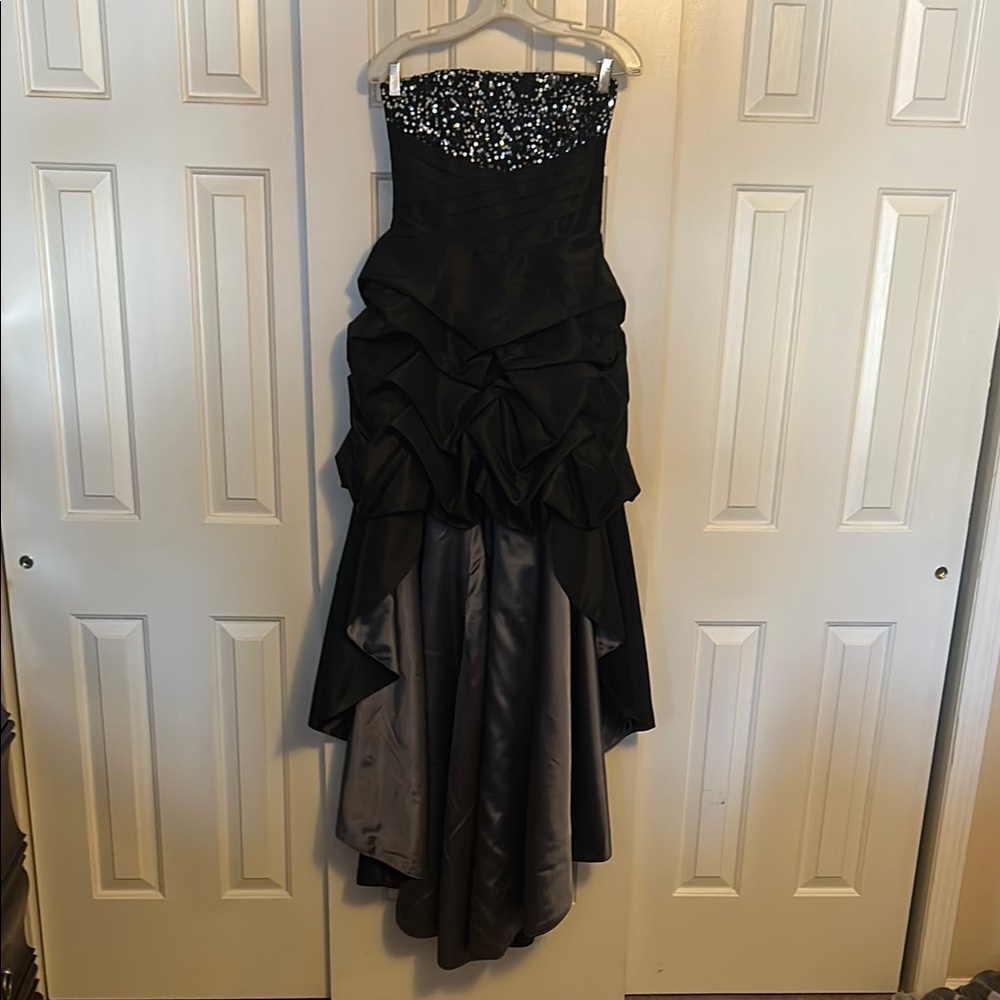 Elegant Black and Gray Strapless Evening Dress.  High low front design.